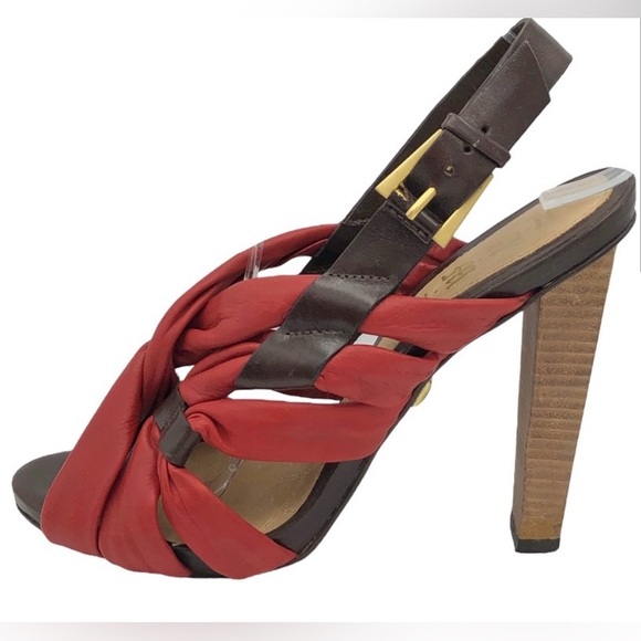 L.A.M.B Red Leather Twist Wood Stacked High Heels Women Size 7M red & brown - Picture 14 of 15